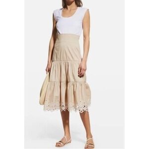 Veronica Beard Amaia Jersey Paneled Cotton Tan‎ Tiered Dress L Minimalist $448